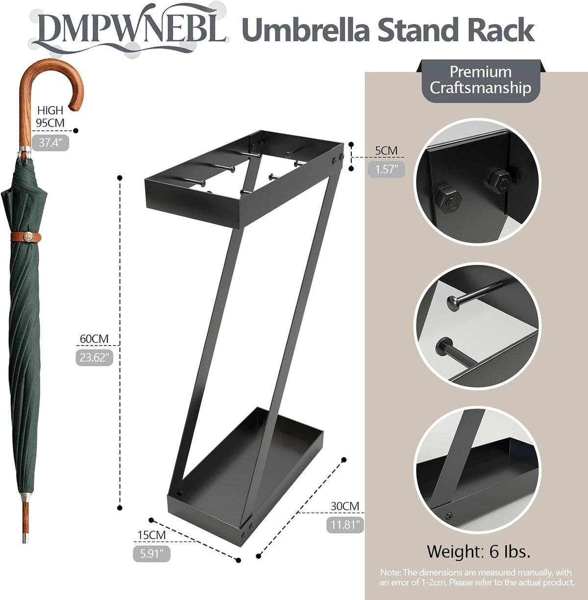 Umbrella Holder for Entryway, Black Indoor Umbrella Stand with Hooks,Metal Umbrella Storage Rack Ideal for Home Office Hotel Lobby