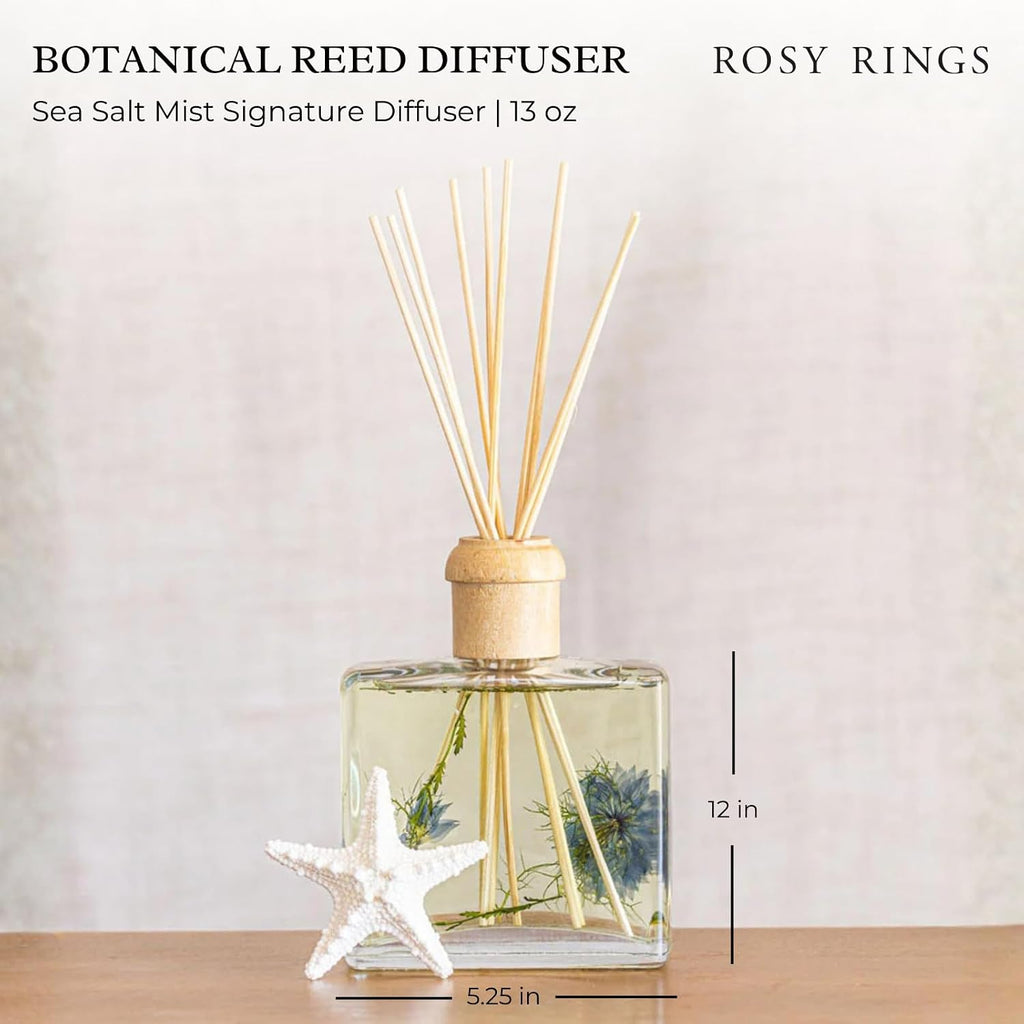 Rosy Rings Sea Salt Mist Signature Diffuser, Single Piece, 13 oz Lasts 9-12 Months Square Glass Reed with Floral Embedded Flowers Coastal Aroma, Bathroom Livingroom Spa Decor Luxury Gift