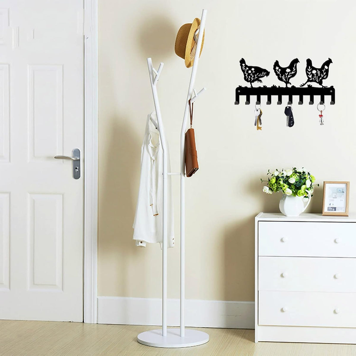INFUNLY Key Holder for Wall Black Metal Key Hooks with 10 Hooks Floral Chicken Key Hook Rack Wall Mounted Key Organizer Hanger for Towel Bathroom Entryway Front Door Hallway Office, 5x10