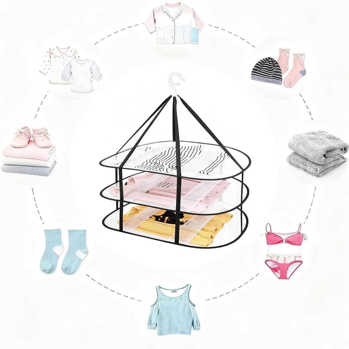 Fashion & Lifestyle 3-Tier Foldable Clothes Black Drying Rack, Hanging Mesh Laundry Dryer with Sturdy Frame for Delicates/Sweaters/Underwear, Space-Saving Indoor Outdoor Drying Organizer