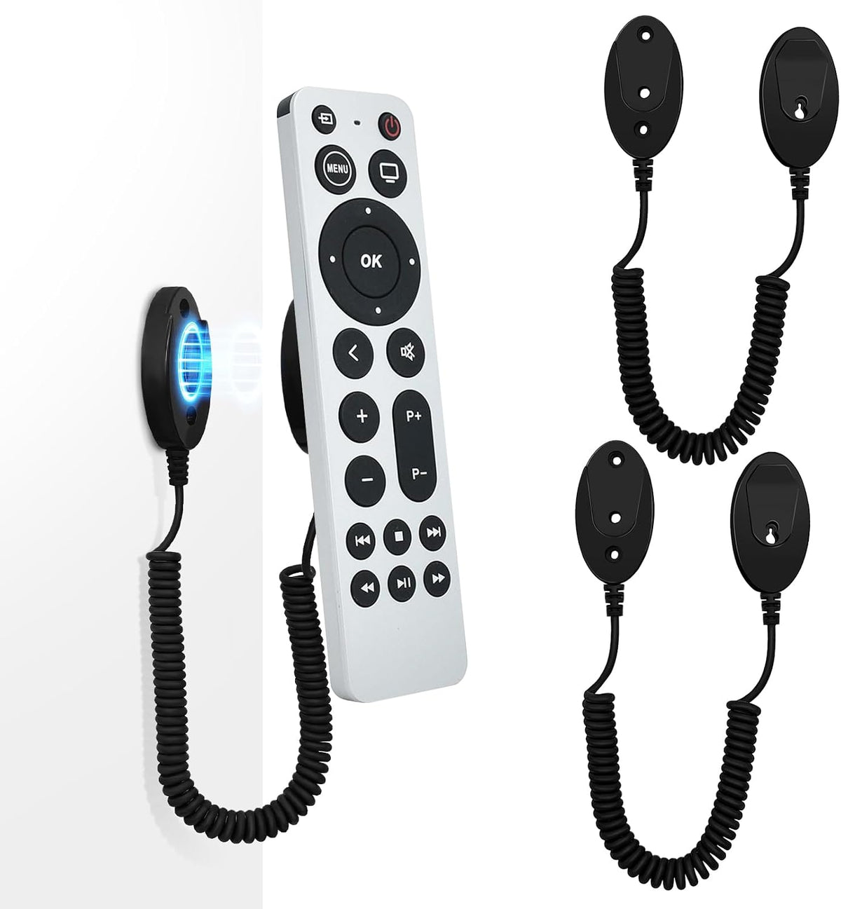 Magnetic Remote Control Holder and Remote Holder with Retractable Leash, Wall Mount for TV Remote, Couch and Bedside, No Drill Adhesive Pad, 2 Pack Black