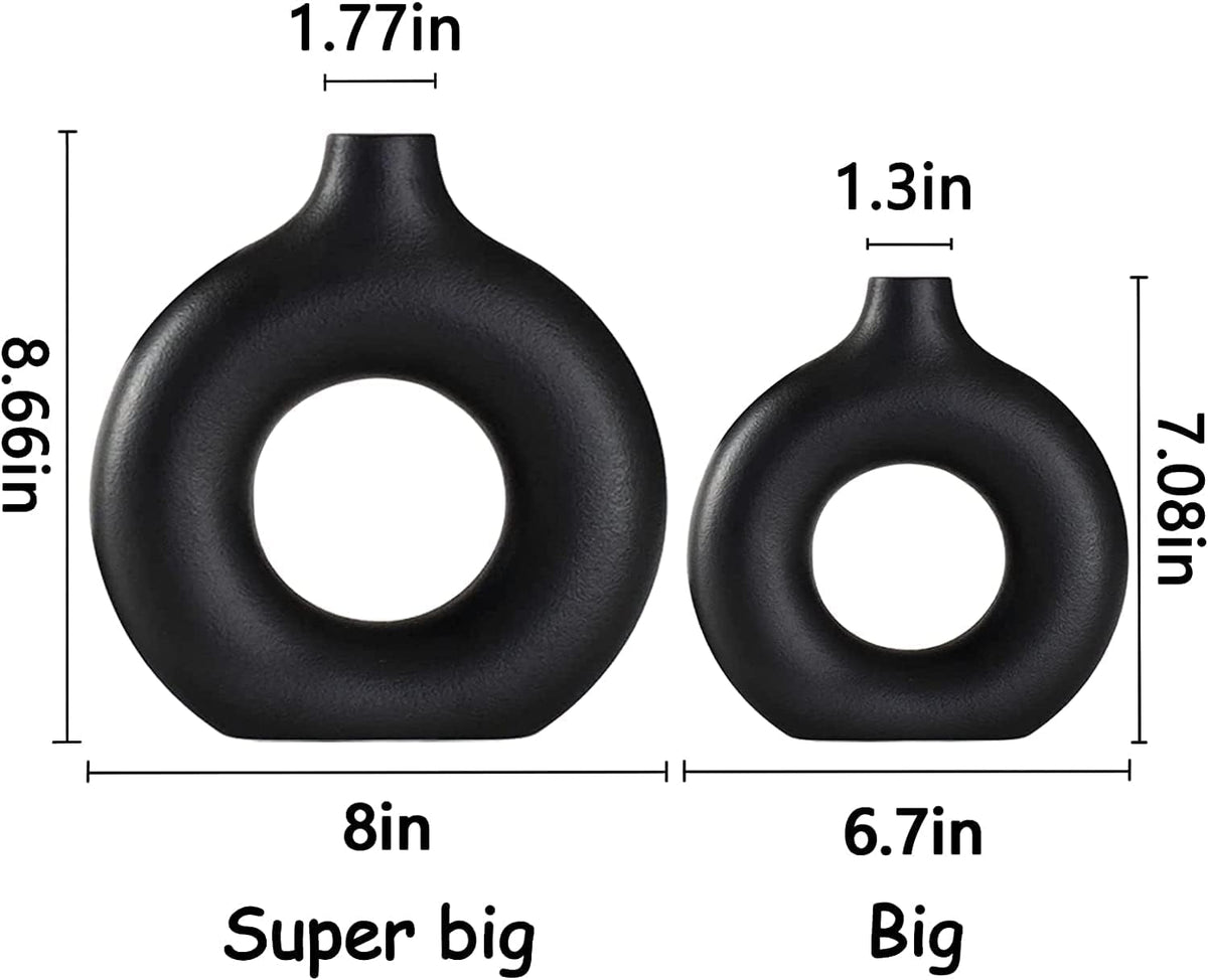 Ceramic Vases Set of 2, Modern Black Round Vase Rustic Home Decor, Donut Ceramic Design Apply to Living Room Kitchen Mantle Bedroom Dining Table Office Black Decor
