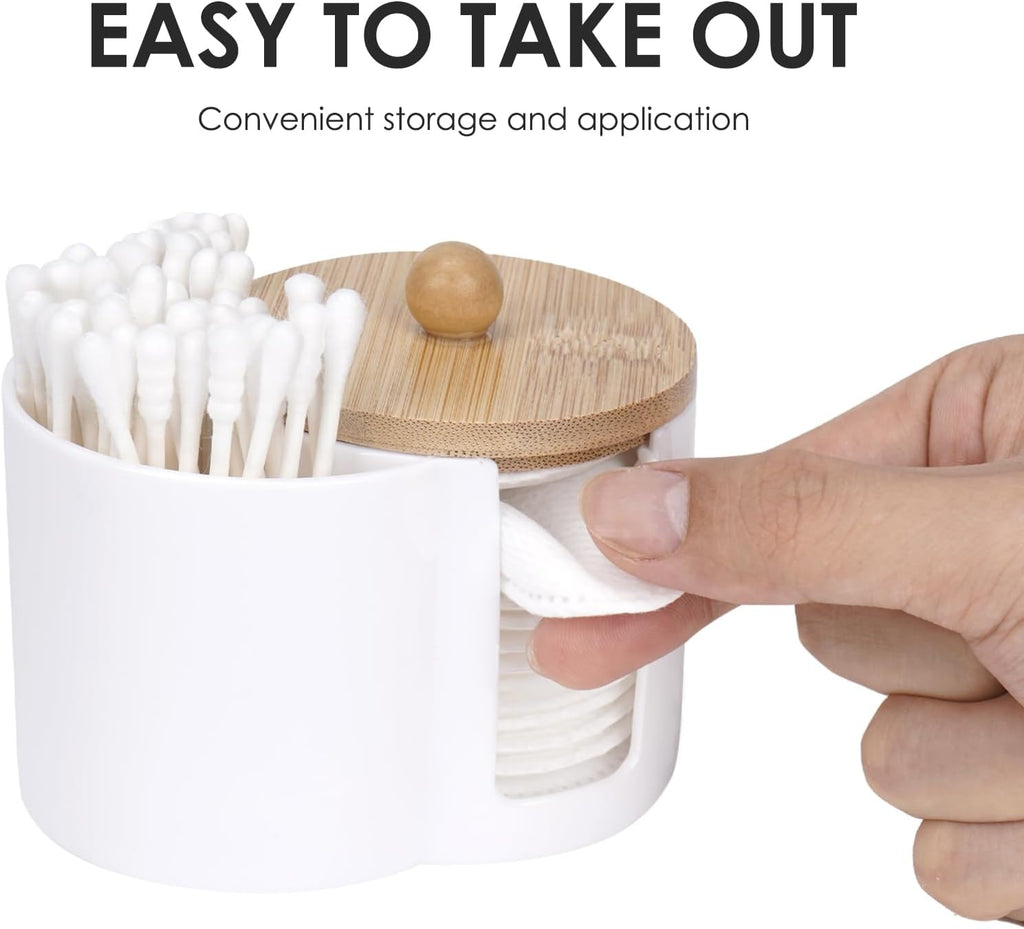 Adorila Compact Cotton Pad & Swab Holder with Bamboo Lid, White