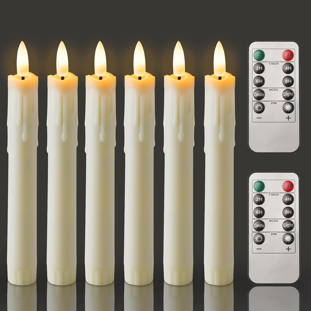 Homemory 7 Inches Flameless Taper Candles with Remote Timer, Short Led Candlesticks with 3D Flickering Light, Battery Operated Candles with Lifelike Flame for Wedding Home Xmas Decor, Ivory, 6 Pcs