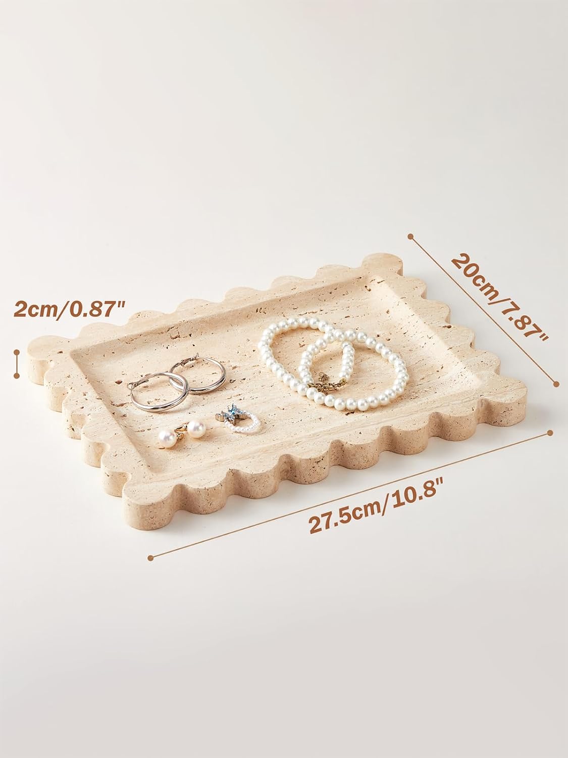 Denique Natural Travertine Tray with Scalloped Edge, 10.8x8 Rectangle Vanity Tray for Bathroom Kitchen Countertop, Beige Decorative Stone Storage Tray for Dresser Home Decor