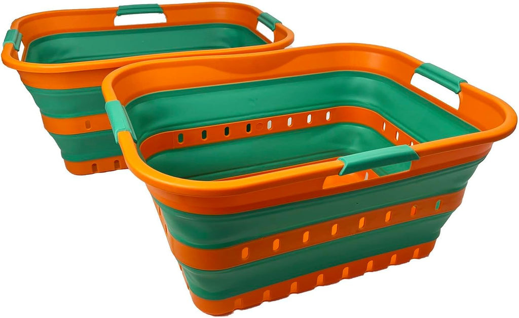 SAMMART 42L (11 gallons) Set of 2 Plastic Foldable Storage Basket/Container - Collapsible, Space Saving and Portable Laundry Hamper, Ideal for Home, Travel, Dorm (2, Autumn Leaf/Forest Green)