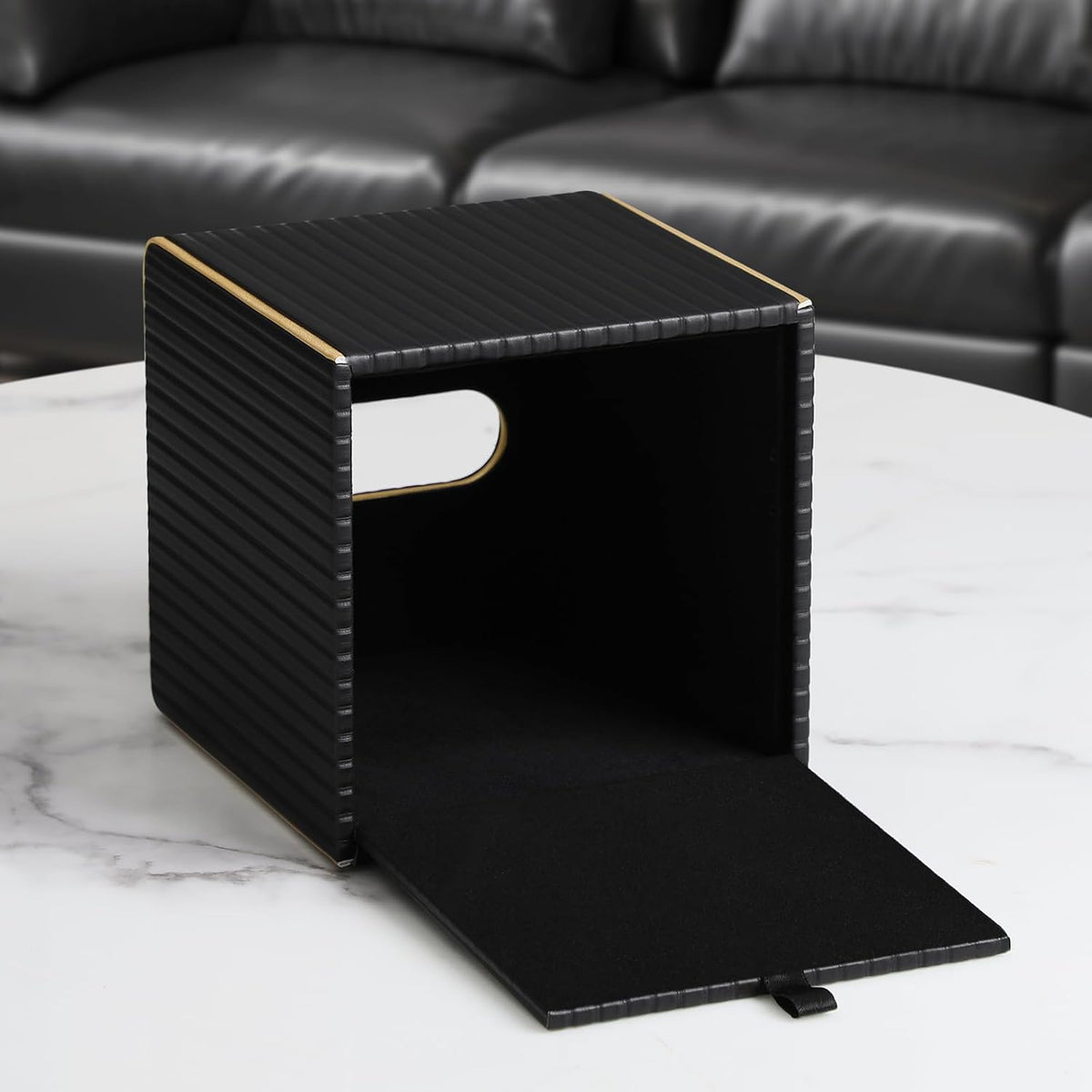 Square PU Leather Tissue Box Cover with Magnetic Closure, Decorative Tissue Holder & Storage Container for Bedroom, Living Room, Dining Room, Bathroom, Countertop, Desk & Office (Black)