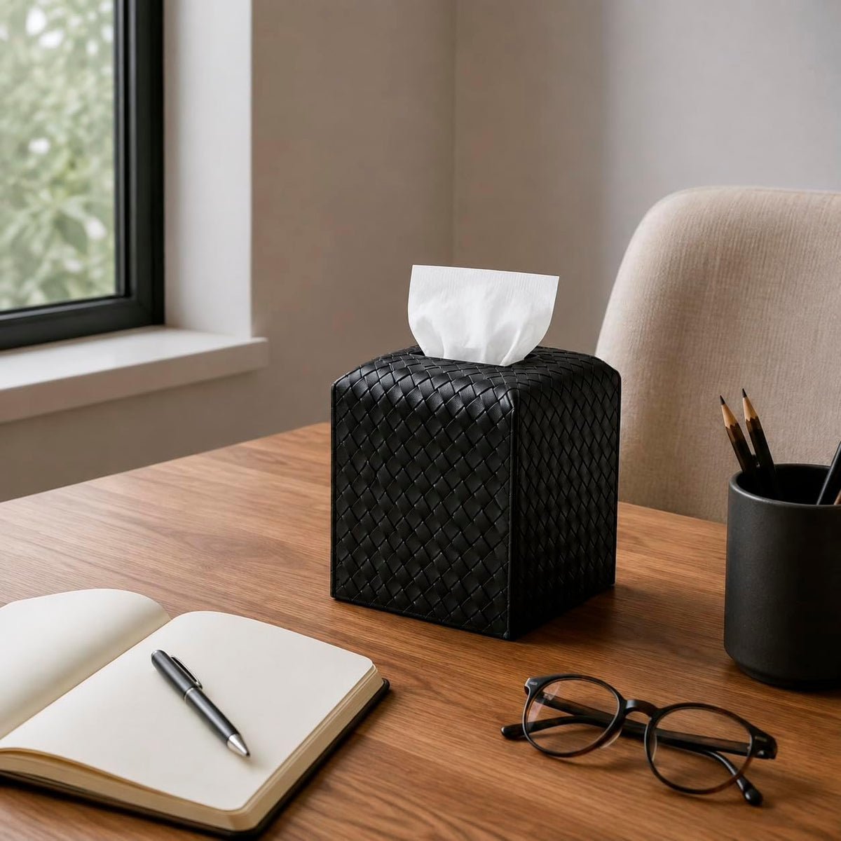 Tissue Box Cover PU Leather Tissue Holder Square Facial Tissue Case Facial Paper Organizer Dispenser for Bathroom, Vanity Countertop, Tabletop, Car, Black