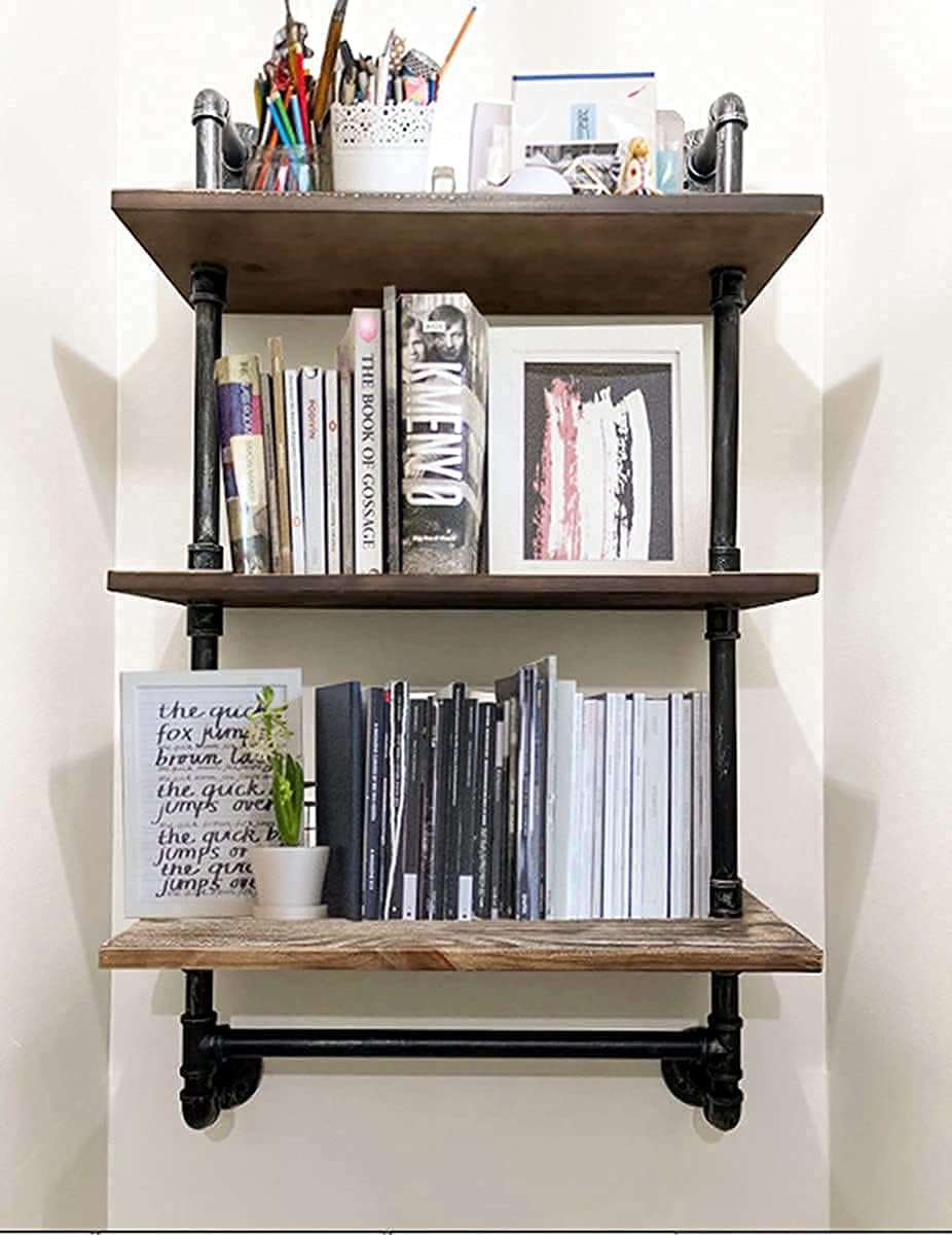 DR.IRON Industrial Pipe Shelving Rustic Bathroom Shelves with Towel Bar, 24" Pipe Shelf Wall Mounted, Farmhouse Bathroom Shelf Storage (3 tier-24)