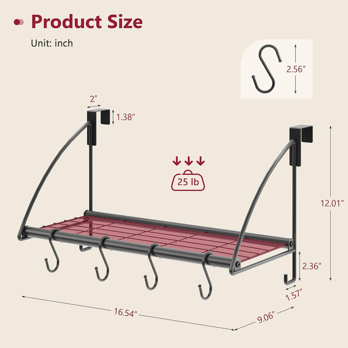 Tajsoon Over the Door Hanger with Storage Rack and 6 Hooks, 16.54" Black