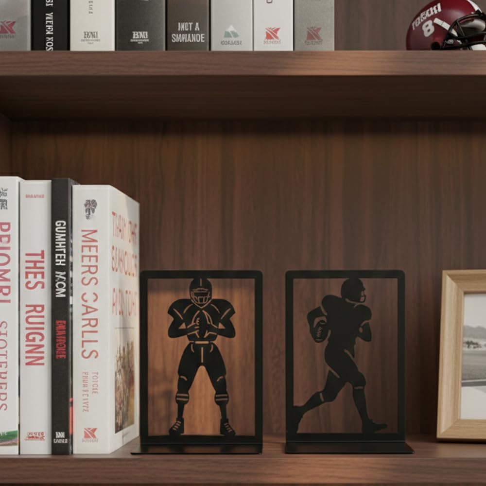 Metal Decorative Bookends Set, Spider Web & Football Player Silhouette, Sturdy Non-Slip Book Holders for Shelves, Black (Sports Football - 2 Pairs (4 Pcs))