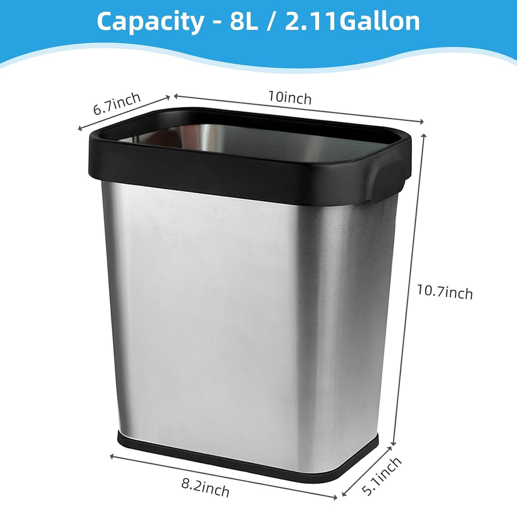 TooCust 2 Pack Stainless Steel Trash Can 2 Gallon, Open Top Trash Can, 7" x 10" x 11", Rectangle Rubbish Bin, Slim and Narrow, No Lid Small Wastebasketfor Kitchen, Bathroom, Living Room, Office