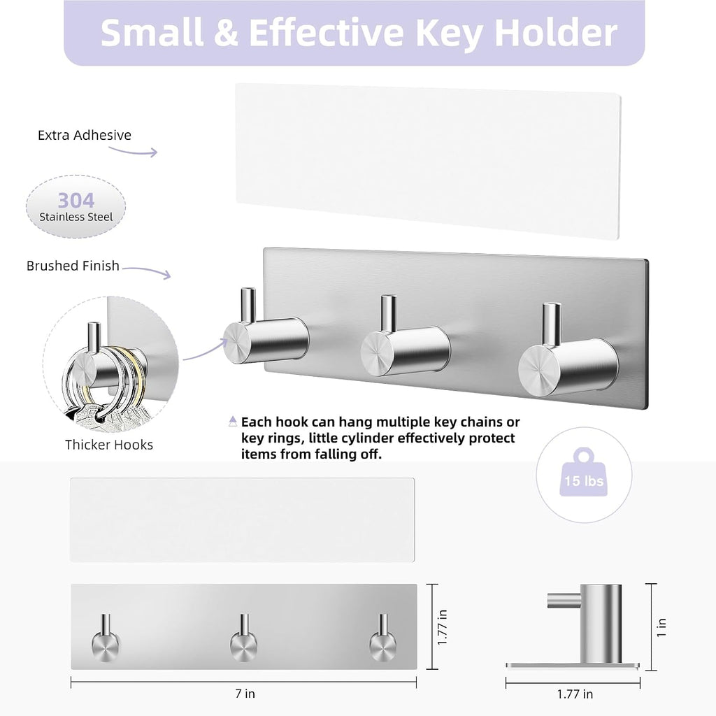 VIS'V Key Holder Wall Mount, Small Adhesive Key Hanger with 3 Hooks, Silver