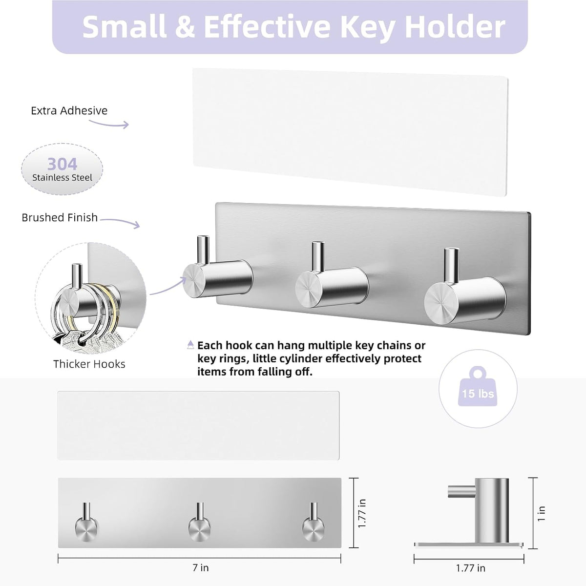 VIS'V Key Holder Wall Mount, Small Adhesive Key Hanger with 3 Hooks, Silver