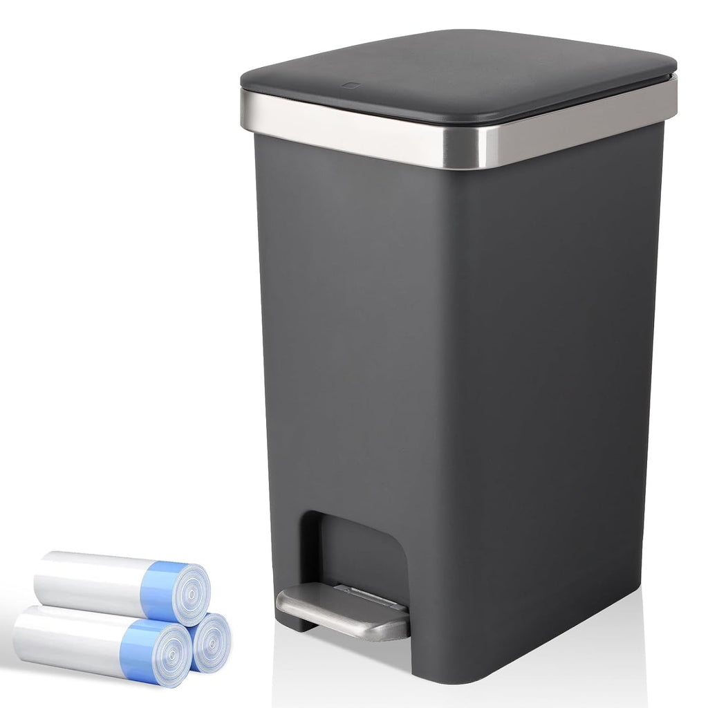 UUJOLY Small Bathroom Trash Can with Lid Step Pedal, 2.6 Gallon, Dark Grey