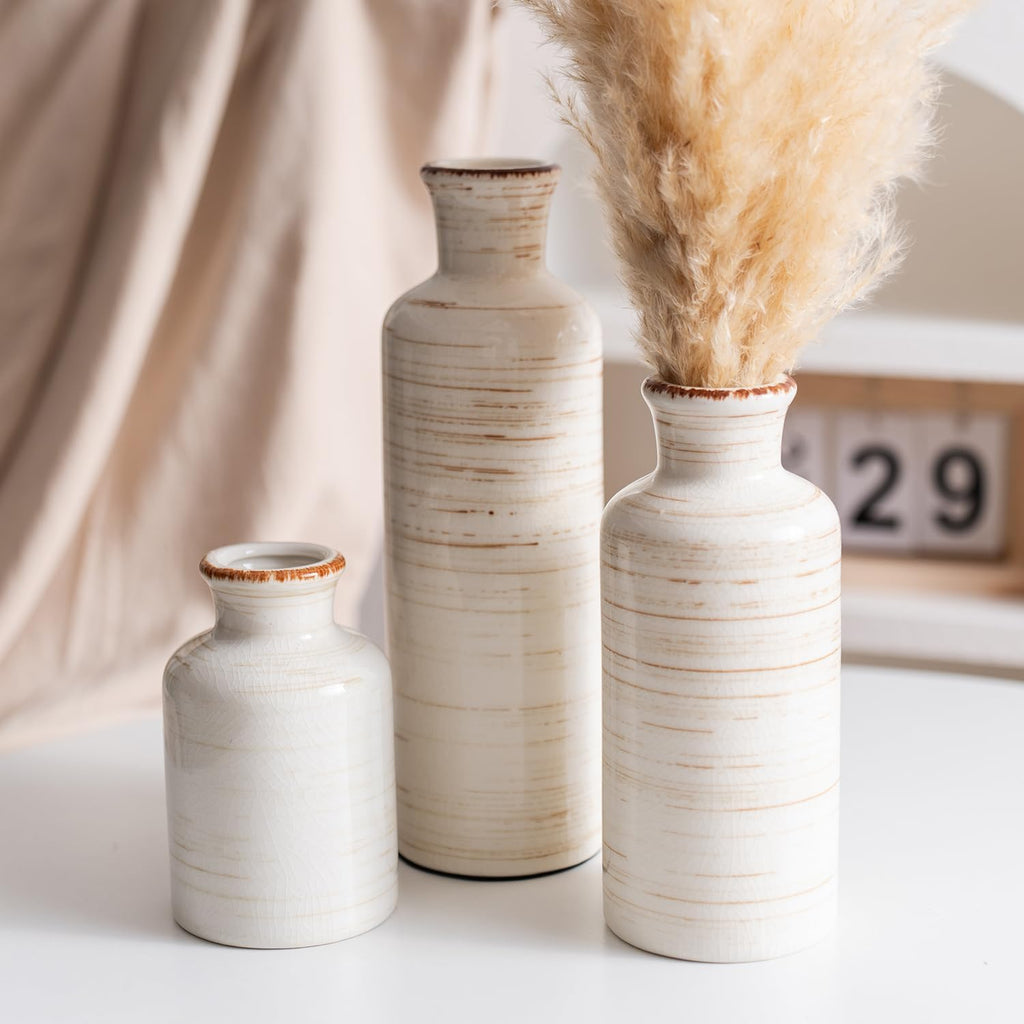 Vintage Ceramic Flower Vase Set of 3, Rustic Farmhouse Vase for Home Decor, Distressed Decorative Vase for Table Entryway Mantel Centerpiece Living Room Bathroom Bedroom (Linen Off-White)