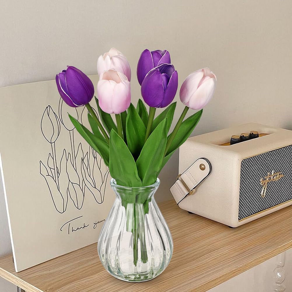 Faux Tulips Flowers Floral Arrangement - 6 Stems Artificial Flowers with Clear Glass Vase with Faux Water 12.5" Purple & Pink Bi-Color Fake Tulips Bouquet Centerpiece for Table Home Office Decor