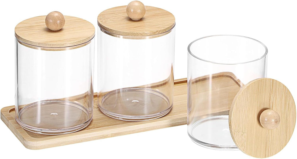 Qtip Holder with Vanity Tray Clear Cotton Ball Holder Cotton Swab Dispenser Bathroom Storage Canister with Lid Qtip Dispenser for Bathroom Office,3 Pcs