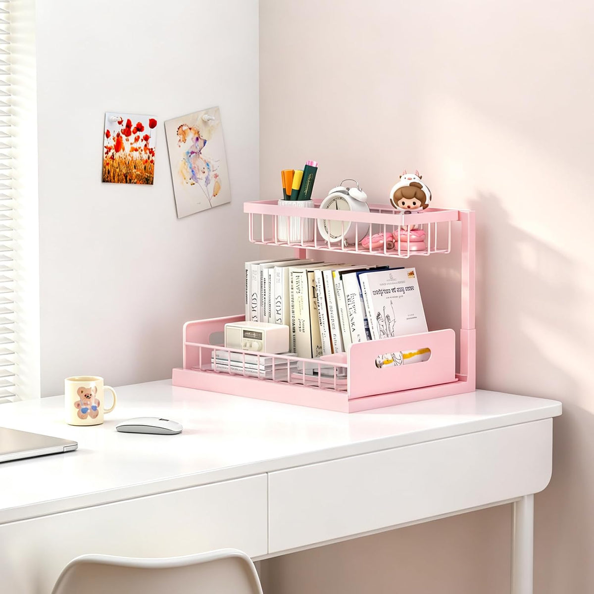 REALINN Pink Countertop Organizer, 2 Tier Vanity Shelf with Sliding Drawer