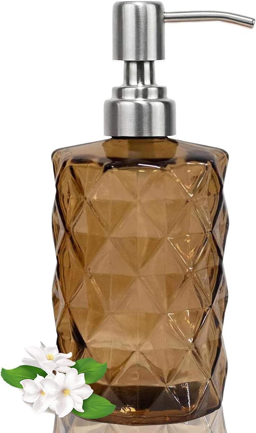 12Oz Brown Glass Soap Dispenser, Liquid Hand Bottle, Stainless Steel Pump