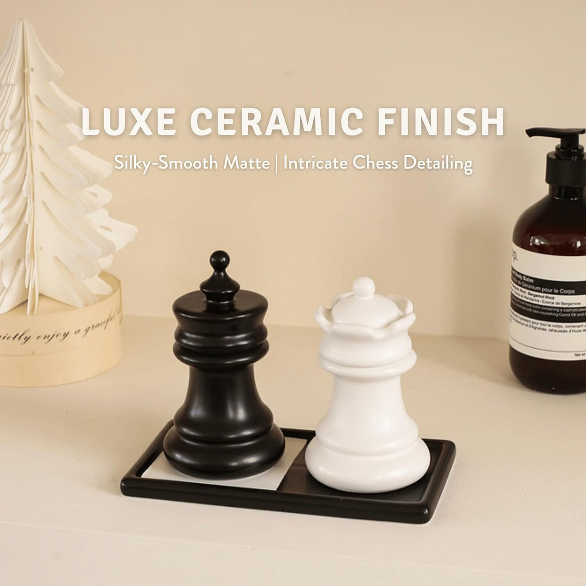 Ceramic Chess Qtip Holder Set, King & Queen Storage Jars