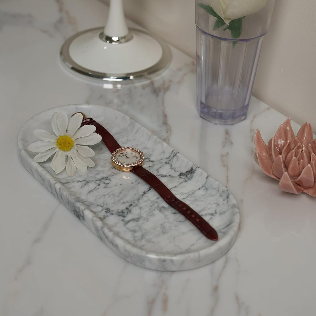 Natural Marble Tray 9.8”x4.7”x0.6” | Hand-Polished Oval Stone Tray for Bathroom Vanity & Jewelry Display – Durable, Unique Vein Patterns (Carrara White)