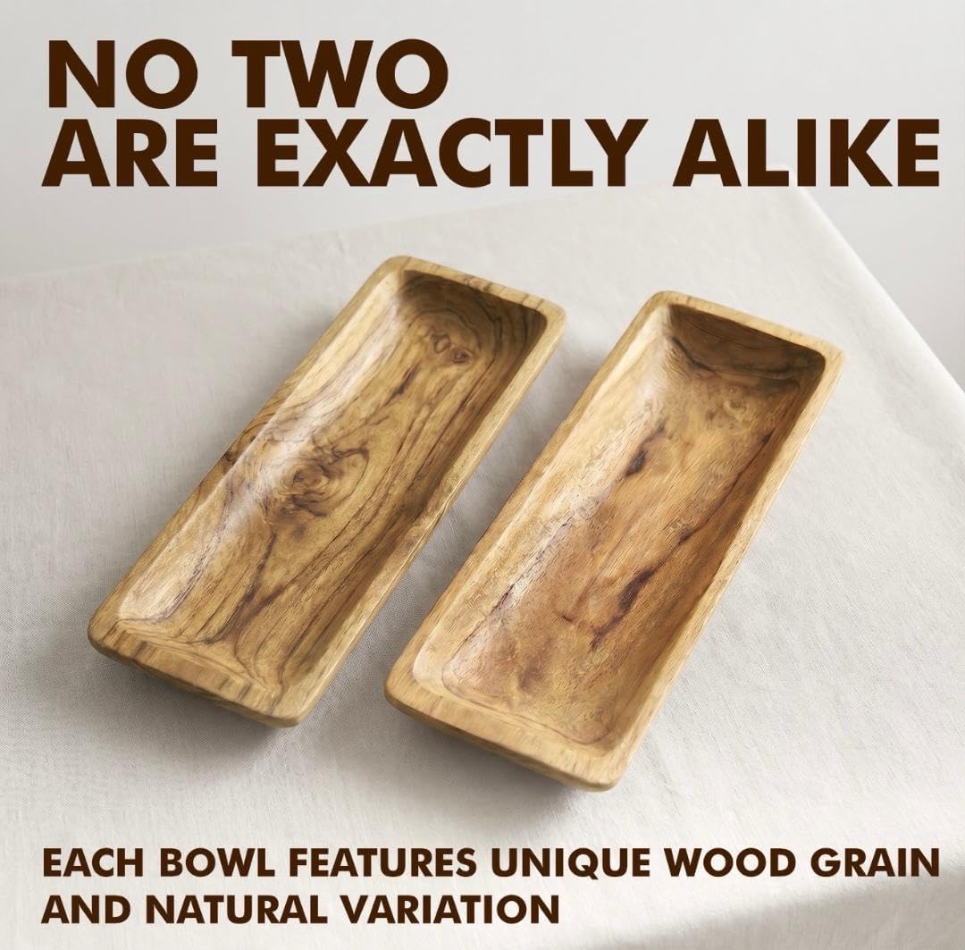 Long Wooden Dough Bowl Centerpiece, 20" Oblong Decorative Wood Bowl for Coffee Table, Dining Table & Entryway Decor, Rustic Farmhouse Style