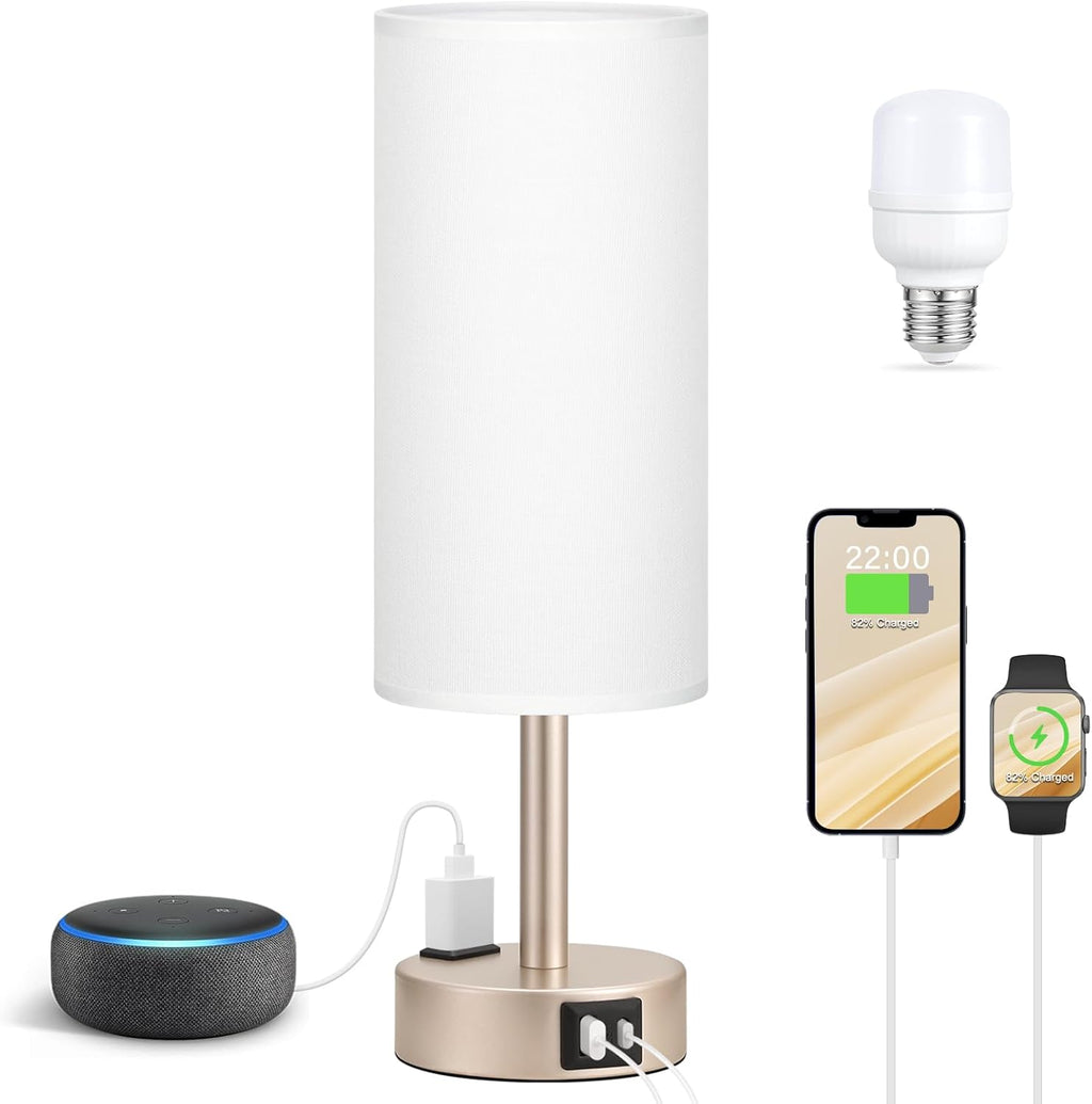Antique White Bedside Table Lamp, Dimmable Touch Lamp, USB A+C, AC Outlet