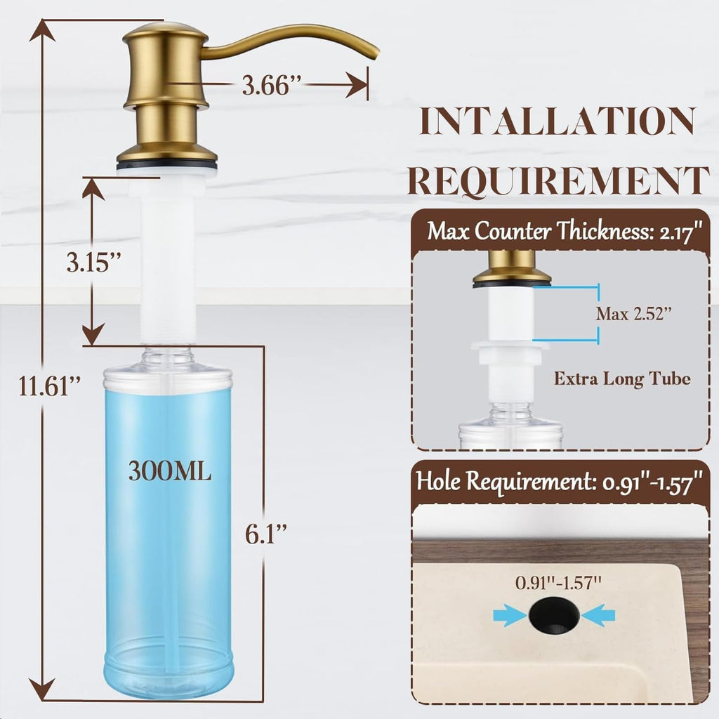 Built in Soap Dispenser for Kitchen Sink Countertop, Brass, Gold