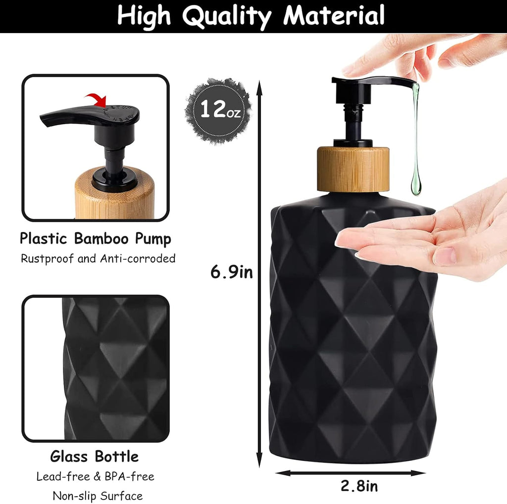 YYTSGG Black Glass Soap Dispenser Set with Bamboo Pump, 12oz, 2 Pack