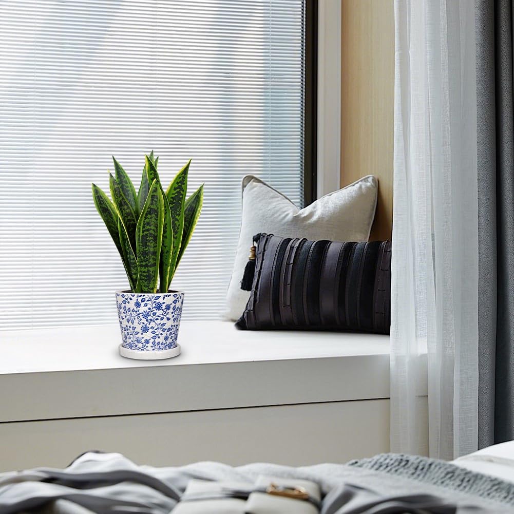 Fake Plants 15.7" Artificial Snake Plant Faux Plants in Blue and White Pot Tropical Sansevieria Silk Plant Fake Potted Plants Indoor for Home Living Room Bathroom Office Housewarming Gift Decor