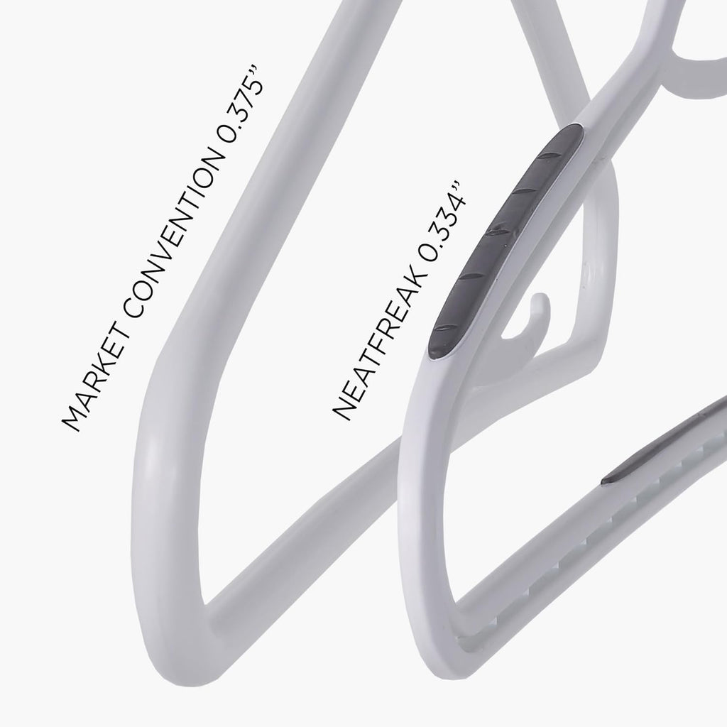 Neatfreak Slim Non Slip Hangers - Space Saving Set of 10 With Lingerie Hooks and Pants/Accessories Bar - Patented W Frame White Plastic Hangers