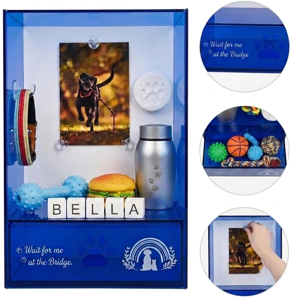 Pet Memorial Shadow Box, Modern Sapphire Blue Acrylic Memory Box for Dog & Cat Ashes, Keepsake Display Case for Photos, Collar & Paw Print, Pet Loss Sympathy Gift, 12.6 x 9.25x 4.7In