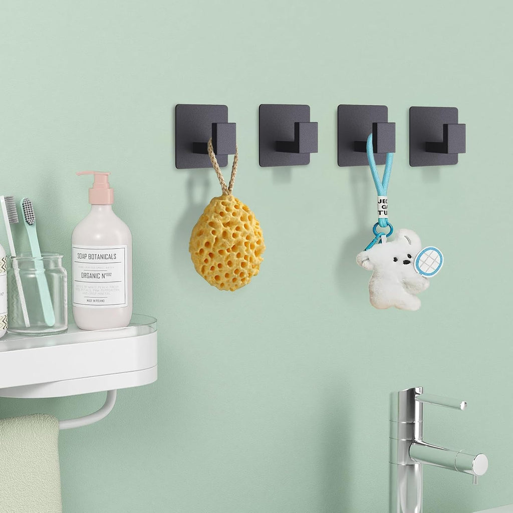 Black 4 Pack Self Adhesive Wall Hooks,Stainless Steel Stick On Towel Hook,Sturdy No Drilling Robe Hook,Heavy Duty Clothes Hanger Hook,Square Wall Hooks for Bathroom Bedroom Kitchen