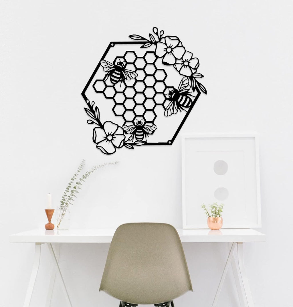 Yuzhuo Metal Bee Wall Art - Farmhouse Honey Bees and Hives with Flowers - Black