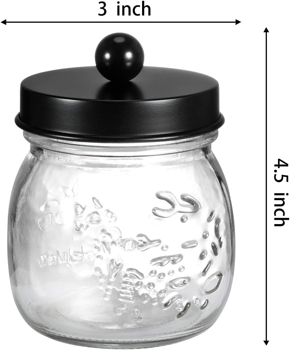 SheeChung Small Glass Mason Jar Qtip Holder with Black Stainless Steel Lid