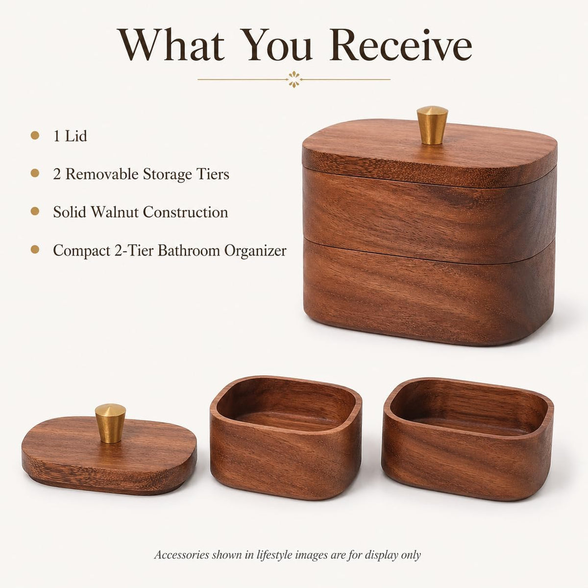 Solid Walnut Bathroom Canister, Cotton Swab and Floss Pick Holder