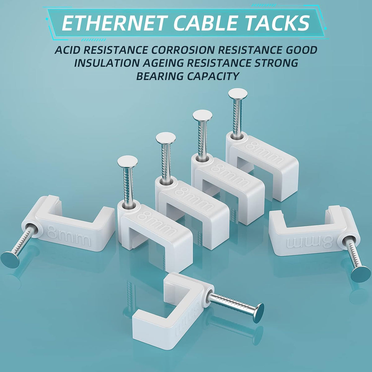 AOPOCKAN TECH Cable Clips White 100 Pieces Ethernet Cable Clips with Steel Nails 8mm Cord Holder for Cat8 Cat7 Cat6 Round Ethernet Cable - 0.32 inch