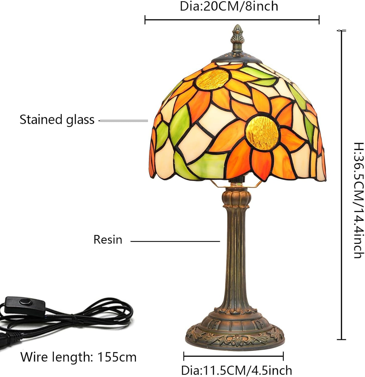 Tiffany Lamp Stained Glass Table Lamp Sunflower Style Small Bedside Lamp Living Room Dining Room Reading Office Decoration Desk Lamp Home Decoration Creative Gift
