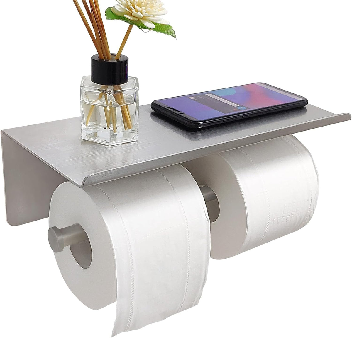 Large Double Toilet Paper Holder with Shelf, GZILA Dual Toilet Paper Rolls Holder Wall Mounted, Bathroom Mobile Phone Storage Rack, Tissue TP Dispenser, SUS304 Stainless Steel Brushed Nickel
