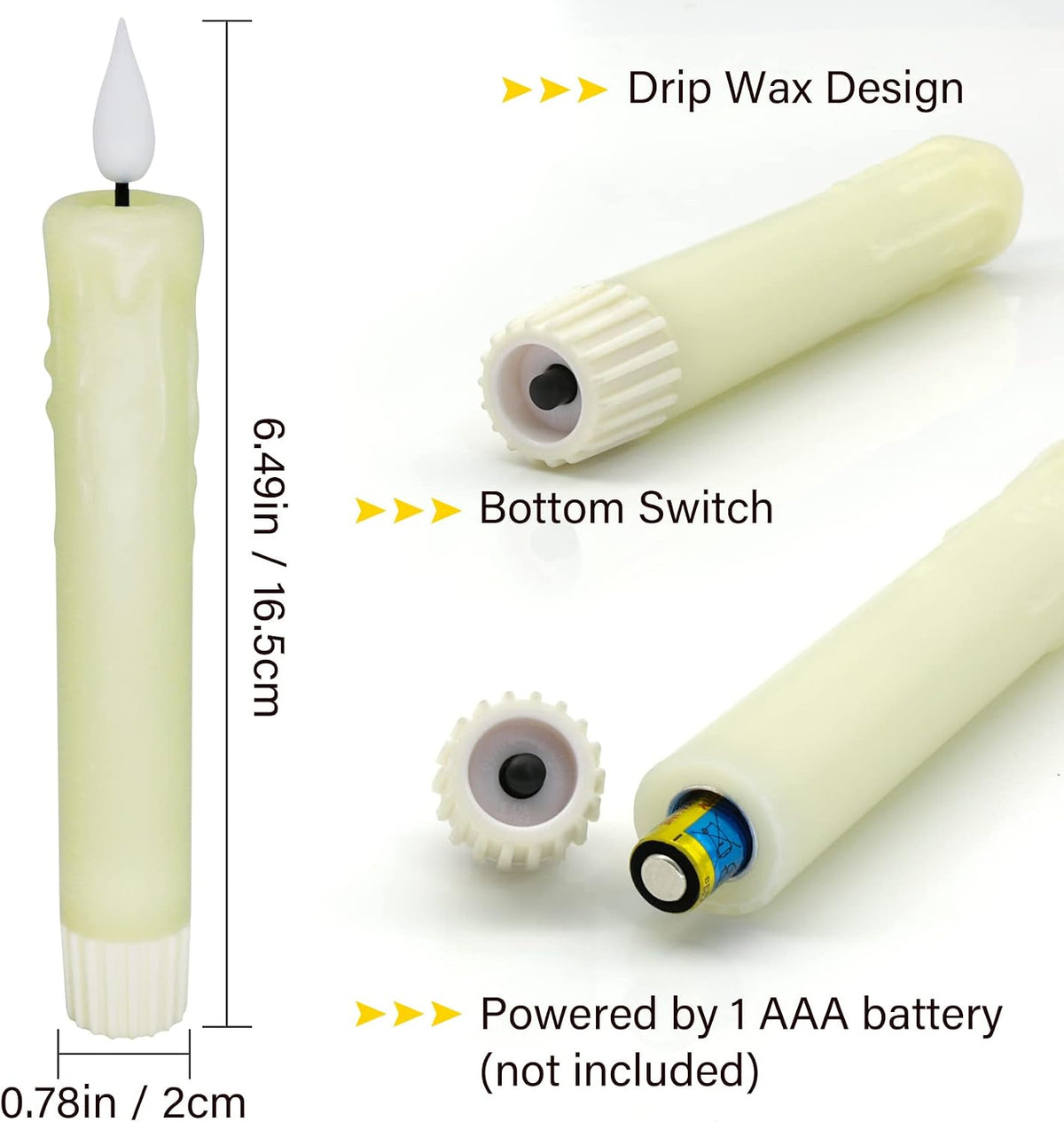 PChero 6.4" Battery Operated Taper Candles, Ivory Drip Wax Shape, 6 Pcs