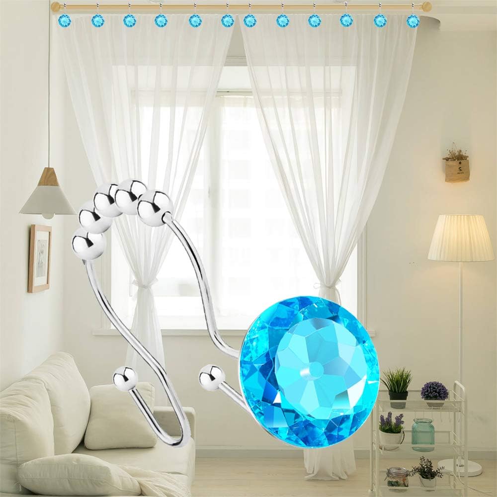 Shower Curtain Hooks Rings for Bathroom, 12PCS Double Hooks Glide Anti Rust Crystal Rhinestones Shower Curtain Rings Hangers for Shower Curtains, Clothing, Towels, etc. (Aqua Blue)
