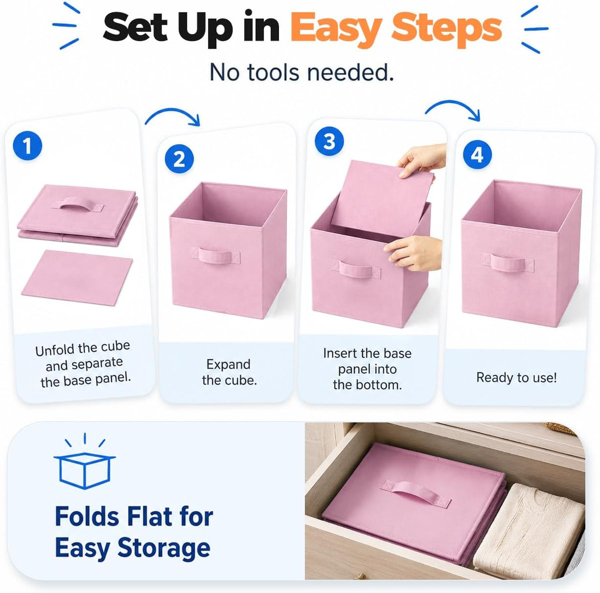Storage Cubes, 6 Pack Foldable Fabric Large Cloth Storage Bins with Handles, 11 Inch Sturdy Collapsible Baskets Organizer Boxes for Closet Shelves Bedroom Books Home Organization Office