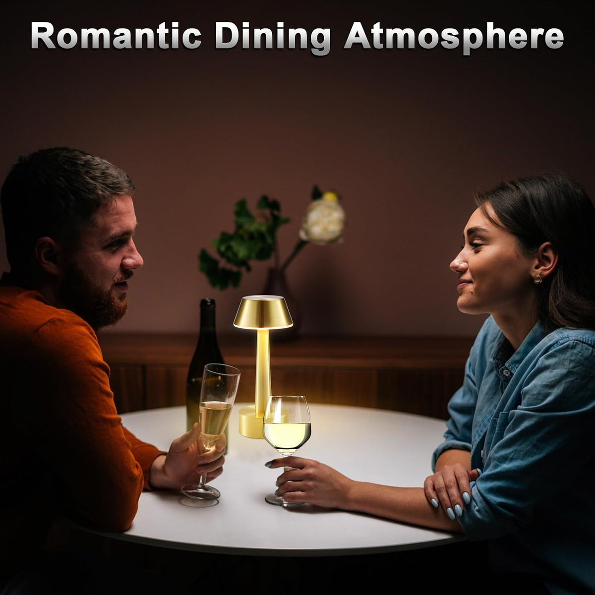 2 Pack Small Cordless Table Lamp for Restaurant, Gold Metal Lamp