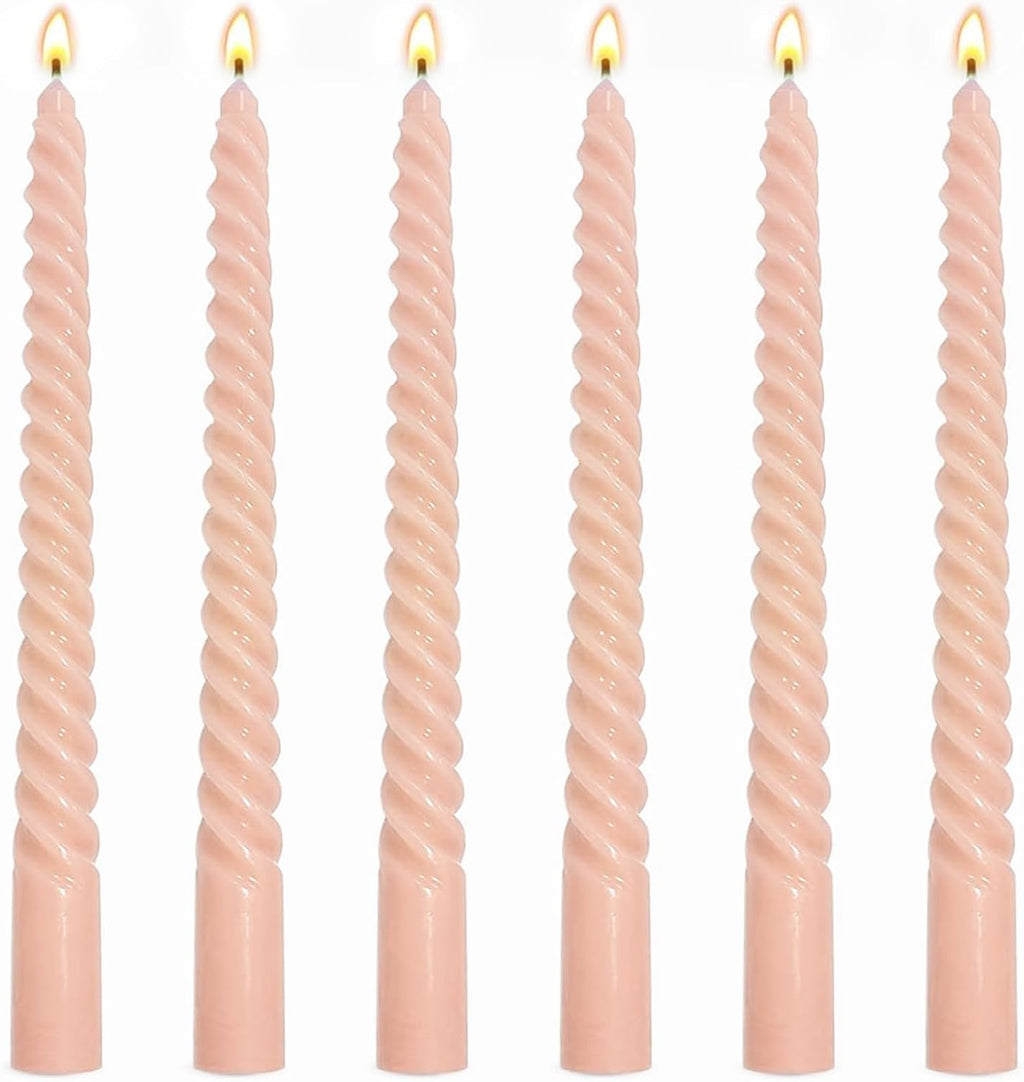 6 Pack 10 Inch Peach Spiral Taper Candles for Holiday Home Decoration, Unscented Dripless Twisted Candlesticks for Dinner Party Wedding Valentine's Day Baby Shower and Easter