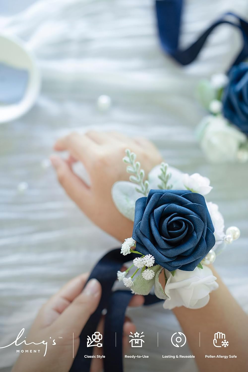 Ling's Moment 2pcs Prom Wrist Corsage Artificial Flowers, Navy Blue