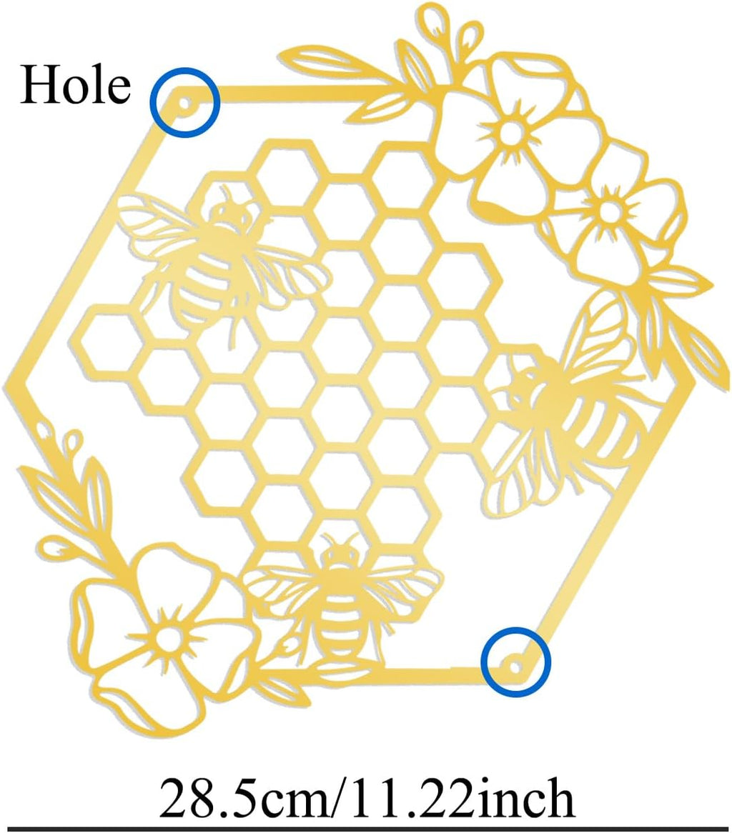 Yuzhuo Metal Bee Wall Art - Farmhouse Honey Bees and Hives with Flowers - Gold, Small