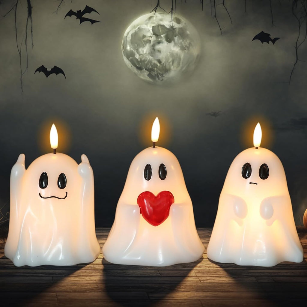 Halloween Ghost Flameless Candles with 6H Timer Hand-Painted Heart
