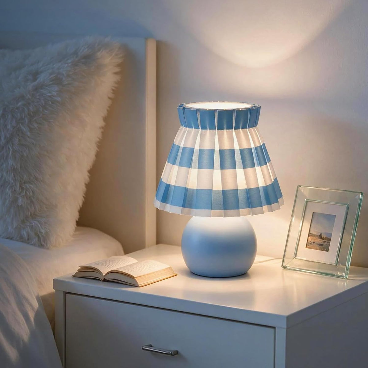 Ziqqeelam Blue White Plaid Small Bedside Table Lamp, Round Blue Base Nightstand Lamp, Cute Mini Table Lamp with Pleated Shade for Bedroom, Kitchen Counter, Bookshelf, Living Room, Kids Dorm