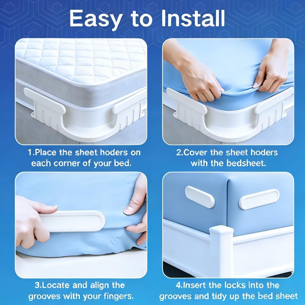 Bed Sheet Holders for Corners, Lock Sheet Holders, 4Pcs White Fitted Sheet Holders Keep Sheets Firm & Tight,Durable Heavy Duty Bed Sheet Clips, Sheet Locks, Fit All Mattress Easy Install